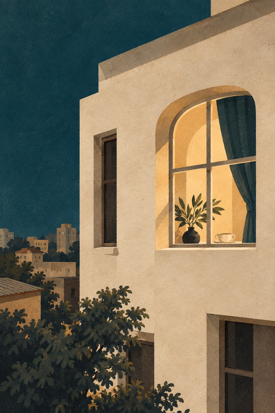 Illustration: a single lit arched window in an apartment building at dusk, a plant and a tea cup on the sill.