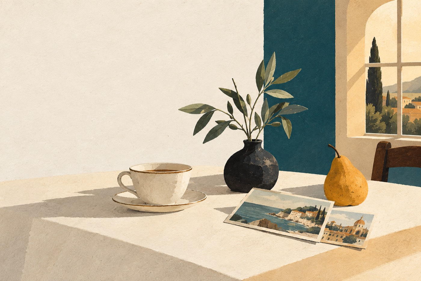 Illustration: a quiet table with a tea cup, a small plant and two postcards by an arched window.