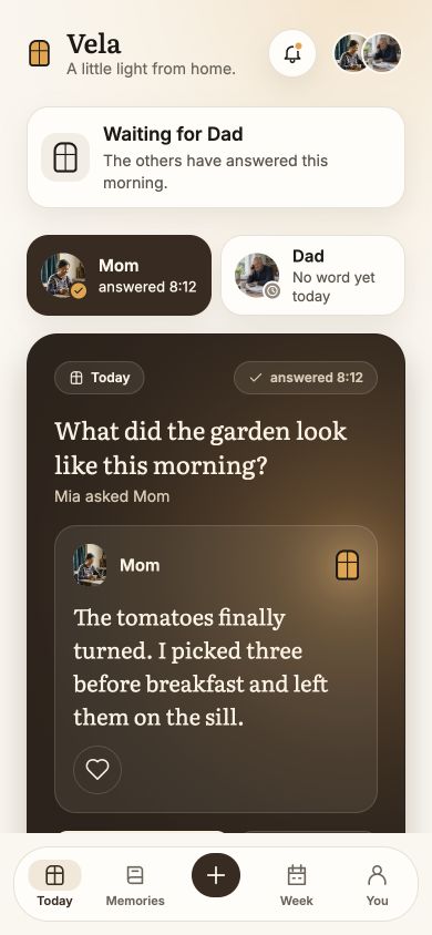 Current Vela app showing Mom and Dad with their profile photos and morning reply states