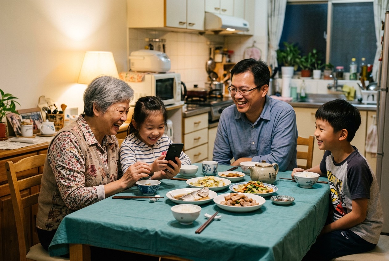 Three generations laughing around a home dinner table, a granddaughter showing her grandmother something on a phone.