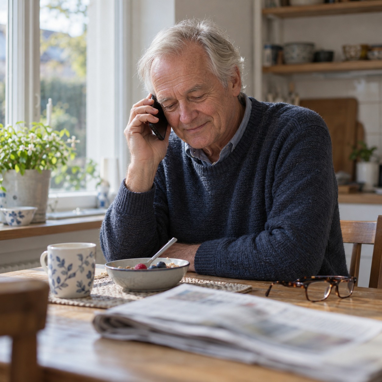An illustrative older parent listening to a message at the breakfast table