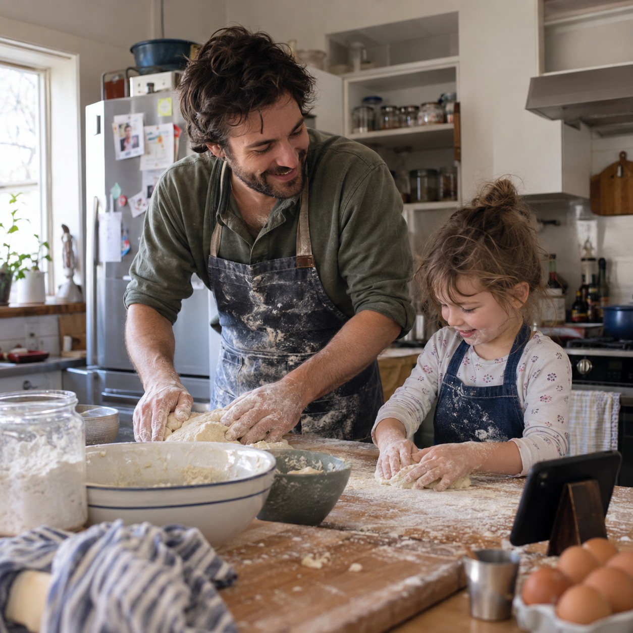 Illustrative family members preparing a family recipe together