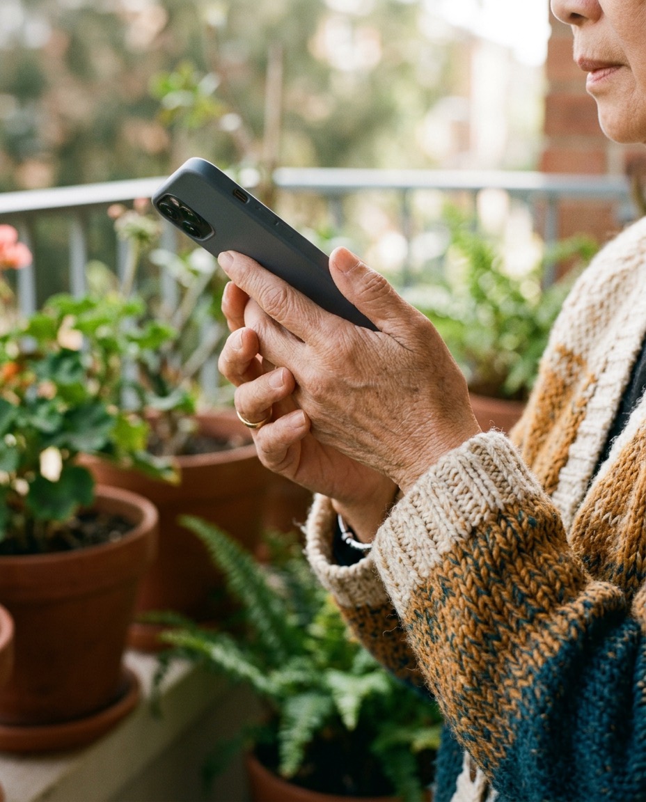 Close-up of an older woman’s hands holding a phone on a balcony full of plants, recording a voice note.